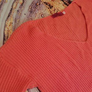 Oversized Coral V Neck Pink Sweater